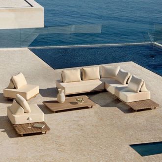 Sklum Conjunto De Jard&iacute;n Con Sof&aacute; Modular Rinconera De 5 Pieza Con Mesa Auxiliar Y Mesa De Centro 160x95 Cm En Acacia Portet Sklum