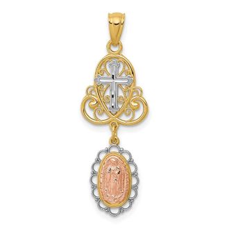 Diamond2Deal 14k Two-tone Gold White Rhodium Lady Guadalupe Cross Pendant