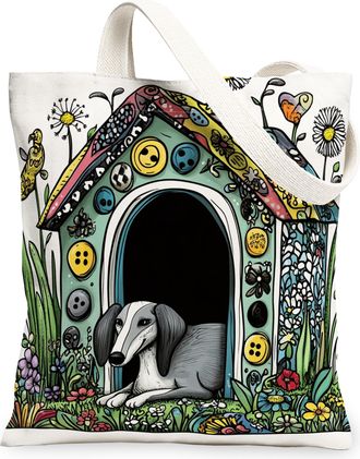 Generic Spring Greyhound Dog Canvas Tote Bag for Shopping 13x15, Fun Flower Puppy Kennel Reusable Grocery Print Pattern Bag for Women, Cute Pet Beach Aestheti