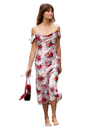 Hope & Ivy Womens The Valetta Cowl Front Satin Midi with Cami Strap and Pleated Bardot Sleeve Special Occasion Dress, Pink, 12 UK