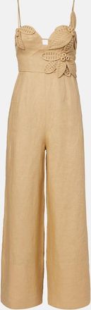 Farm Rio Floral-appliqu&eacute; linen jumpsuit