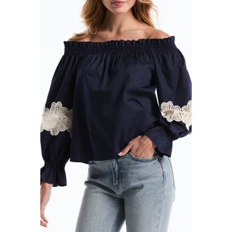 Shelli Segal Embroidered Off-the-Shoulder Long Sleeve Top in Peacoat at Nordstrom Rack, Size X-Small