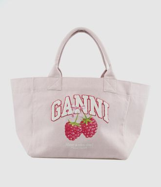 Ganni Tote Bag Medium Trapeze Shopper Raspberry Print Egret