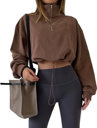 Generic Womens Half Zip Short Sweatshirt Oversized Casual Trendy Long Sleeve Athletic Crop Tops Hoodie Pullover with Coffee Small