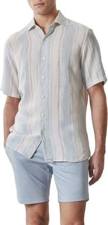 Robert Barakett Zev Stripe Short Sleeve Linen Button-Up Shirt in Vintage Blue at Nordstrom, Size Xx-Large