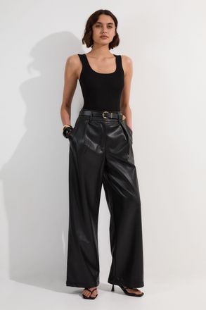 Karen Millen Womens Faux Leather High Waisted Wide Leg Trousers - Black - Size 16 UK