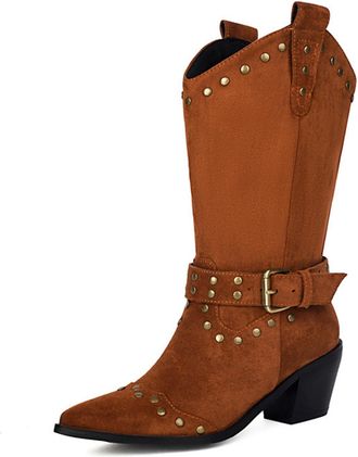Generic Womens Retro Western Knee High Boots With Studs Buckle Suede-Like Comfortable Slip Resistant Durable For Casual Daily Streetwear Fall Winter,Brown,9.5