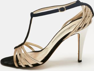 Brian Atwood Black/gold Suede And Leather Strappy T-Bar Sandals