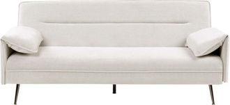 Beliani Sofa Bed Off-White Fabric Upholstery Wooden Legs 3 Seater with Adjustable Pillow-Top Arms Click-Clack Mechanism Water-Repellent Living Room Bedroom