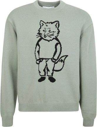 Maison Kitsun&eacute; Mintgroene trui met lange mouwen - Heren - Ronde hals truien - Groen - L - Truien & Vesten