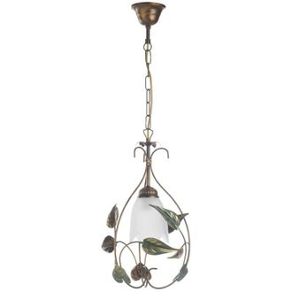 Onli Mira - Lampada a Sospensione, Vetro color Avorio sfumato Ambra. Struttura in metallo Marrone spennellato Oro. Foglie di colore Verde - Onli
