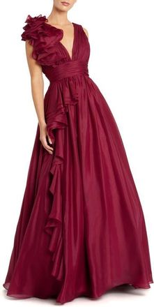 Mac Duggal Petite Ruffle Shoulder V-Neck Chiffon Gown in Wine at Nordstrom, Size 16