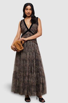 Warehouse Velvet Trim Leopard Tulle Maxi Dress in Animal at Nordstrom, Size 14