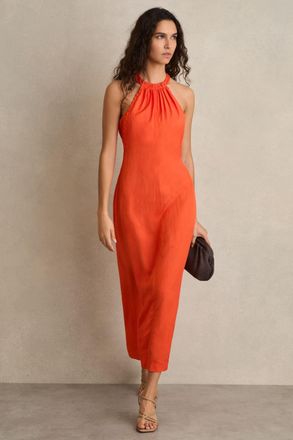 Reiss Womens Red Whipstitch Halterneck Midi Dress, Size: 12
