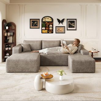 STILVORA Sof&aacute; Modular De 4 Plazas De Pana Con Puff Y Chaise Longue A La Izquierda, Sin Montaje, Camello