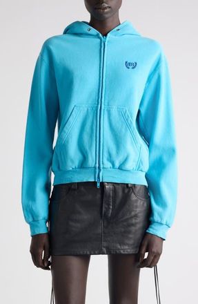 Balenciaga Laurel Embroidered Full Zip Dry Fleece Hoodie in Azure/Navy at Nordstrom, Size Xx-Small
