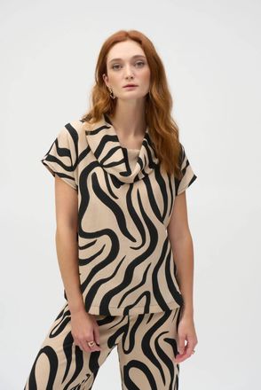 Joseph Ribkoff Abstract Print Cowl Neck Top In Beige/black