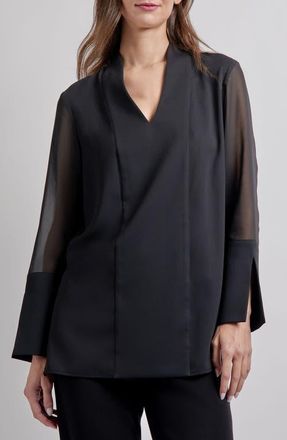 Misook Sheer Sleeve Crêpe de Chine Top in Black at Nordstrom, Size Xx-Small