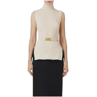 Elisabetta Franchi Sleeveless Tops, female, Beige, Size: M Ribbed Turtleneck Top with Logo Pocket
