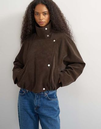 Topshop co-ord giacca bomber in pelle sintetica con collo a imbuto, marrone