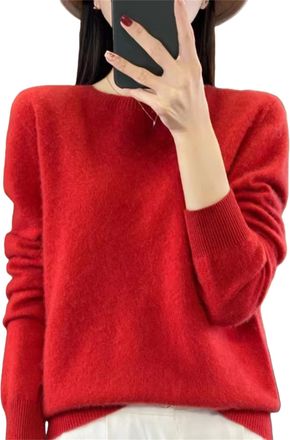 Generic Cashmere Sweater for Women Long Sleeve Crew Neck Soft Warm Pullover Lightweight Knit Top Solid Color Long Sleeve Casual (Cherry Red,XL)