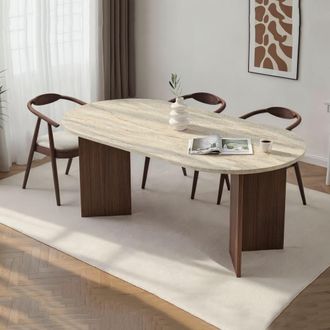 Dmora Mesa Fija Monterano, 6 Plazas, Forma Ovalada, Color Beige, 180x90x75h Cm Beige M&aacute;rmol