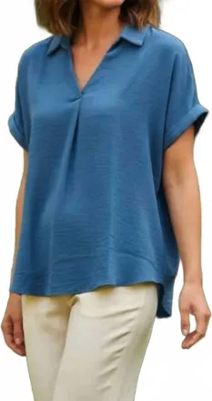 She + Sky Drop Shoulder Collared Woven Top In Dusty Blue