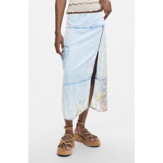 Desigual Graphic Print Straight Midi Denim Skirt in Light Blue at Nordstrom, Size X-Large