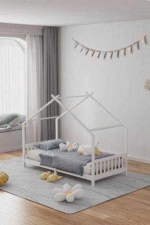 Living and Home White Pine Wood House Bed Frame