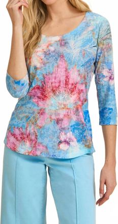 FDJ Three Quarter Sleeve Burnout Tee In Blue Floral Print