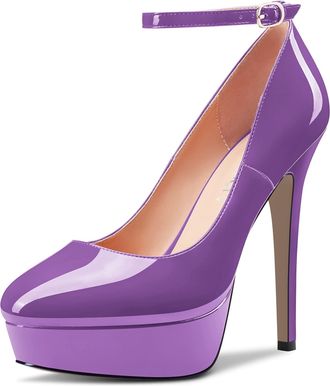 Castamere Women Stiletto High Platform Heel Round Toe Ankle Strap Pumps Court Shoe Slip-on Wedding Party Dress 13 CM Heels Purple 4 UK