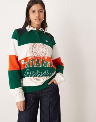 adidas Originals Miami - Polo oversize a righe verde e arancione-Bianco