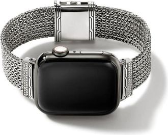 John Hardy Smart Watch Strap with Diamonds 40MM-45MM Apple Watch faces, Sterling Silver, 18MM Size Medium