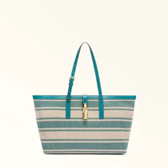 Furla Debby Tote L Toni Amatore Blue Multicolour Canvas Stripes Fabric + Sidney Calf Leather Woman