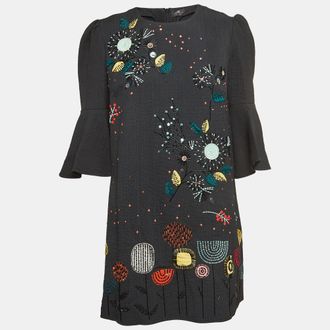 Elisabetta Franchi Black Sequin And Beads Embellished Crepe Bell Sleeve Mini Dress