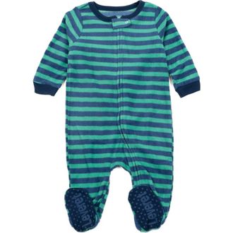 Leveret Footed Fleece Printed Holiday Pajamas in Striped Blue & Green at Nordstrom, Size 18-24M