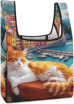 Generic Italian Town Cat Shopping Bag Reusable Grocery Tote Bag Foldable Handbag for Travel Picnic