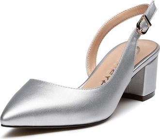 Castamere Womens Slingback Chunky Block Heels Sandals Pointed Toe Mid-Heel Court Shoes 2IN Silver Pu Pumps UK 5.5/6