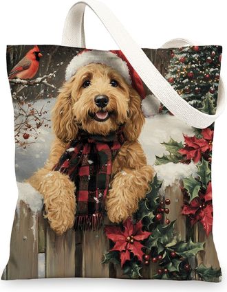 Generic Christmas Golden Doodle Dog Canvas Tote Bag for Shopping 13x15, Xmas Farmhouse Cardinal Puppy Reusable Grocery Print Bag for Women Men, Holiday Pet Ae