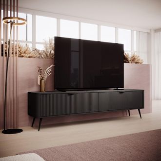 Dmora Mueble Para Tv Kala, 2 Estantes, 2 Puertas, Efecto Estriado Con Patas, 200x38x51h Cm Negro
