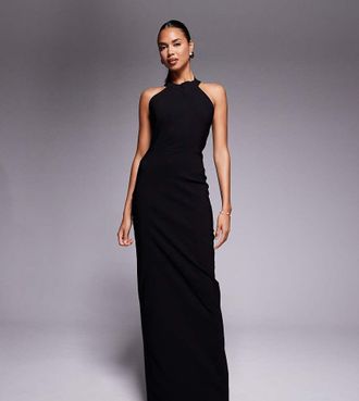 Vesper Vestito lungo in bengalina nero con scollo profondo sul retro e allacciatura sul collo