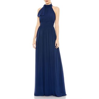Mac Duggal A Line Chiffon Halter Neck Evening Gown in Midnight at Nordstrom, Size 24