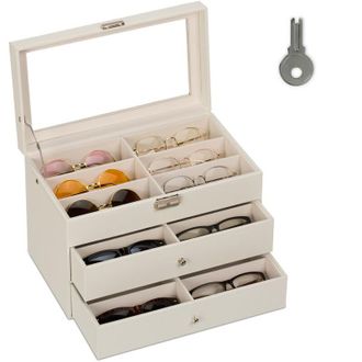 Relaxdays Relaxdays - Glasses Box, 18 Pairs Case, Leather Look, Velvet Cover, Transparent Window, hwd 22.5 x 33.5 x 19 cm, White