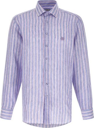 Etro Linnen Overhemd met Pegaso Borduursel - Heren - Casual Overhemden - Paars - 3XL - Linnen - Overhemden