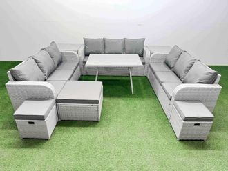 Fimous 12 Seat Outdoor PE Rattan Garden Furniture with 2 Side Tables 3 Stool in Light Grey