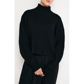 Good American Rib Bishop Sleeve Turtleneck Sweater in Black001 at Nordstrom Rack, Size X-Small