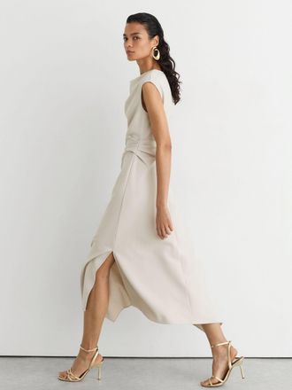 Reiss Stone Neutral Gathered-detail Draped Midi Dress, 10