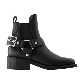 Ganni Buckle-Strap Leather Ankle Boot - Black