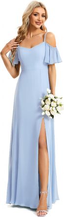 Ever-pretty Womens Ruffles One Shoulder Short Sleeve Empire Waist A Line Chiffon Long Bridesmaid Dresses with Side Slit Ice Blue 12