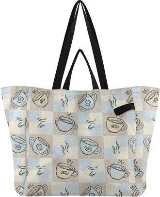 Generic Coffee Checkered Beige print Reusable Canvas Tote Bag, Heavy Duty Grocery Shopping Bag with Double Handles Hard Bottom Large Capacity Work Groceries T